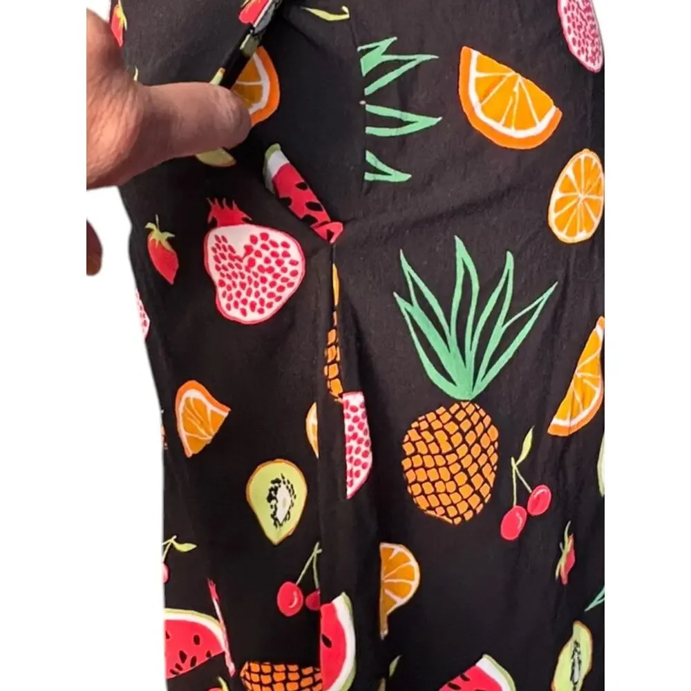 Sugarhill Brighton Fruit Print Button Front Midi Dress Black Novelty Whimsical